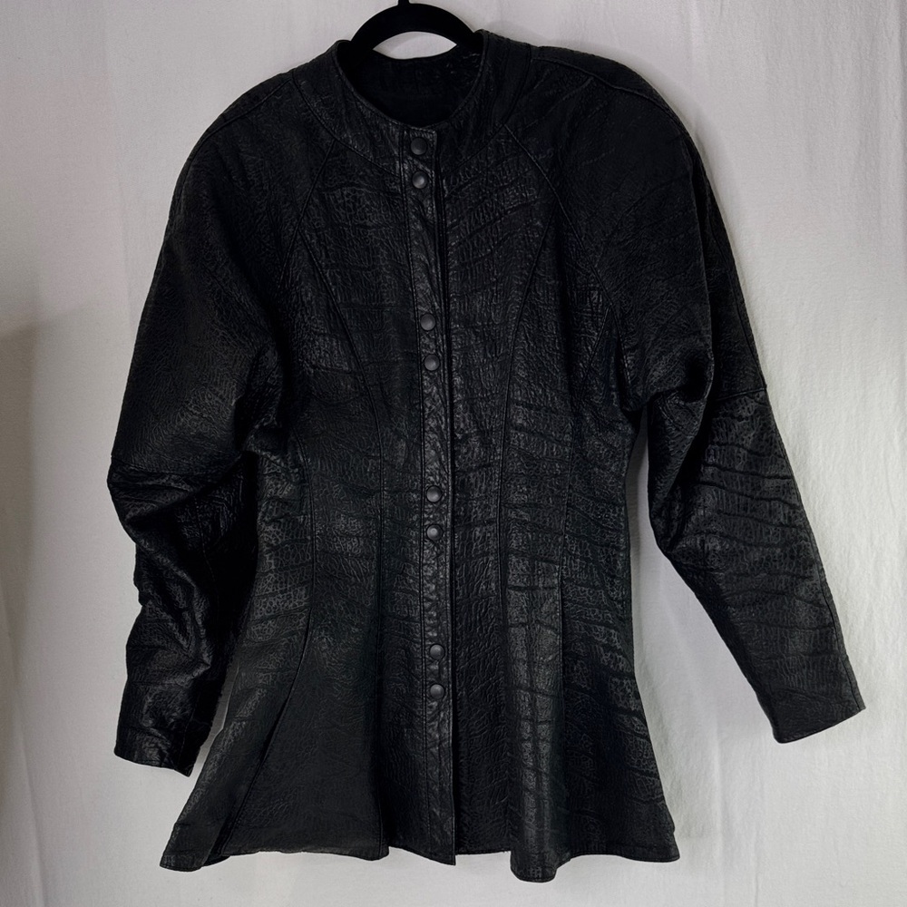 Vintage Jez Black Textured Women's Flared Leather Jacket